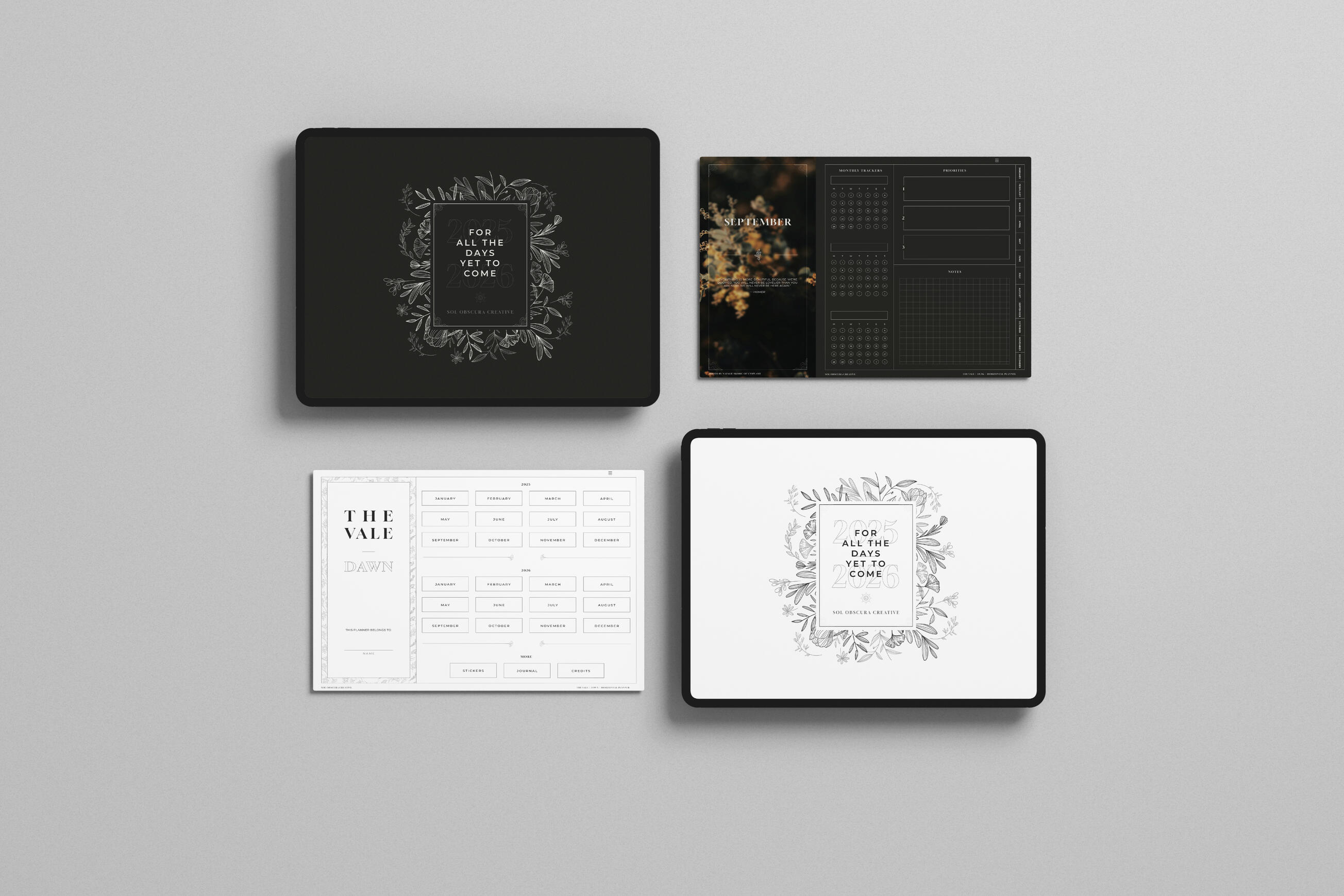 THE VALE - 2025 &amp; 2026 interactive digital planner design ; light and dark mode options ; multiple layout options ; includes stickers &amp; journal pages ; sold on Etsy