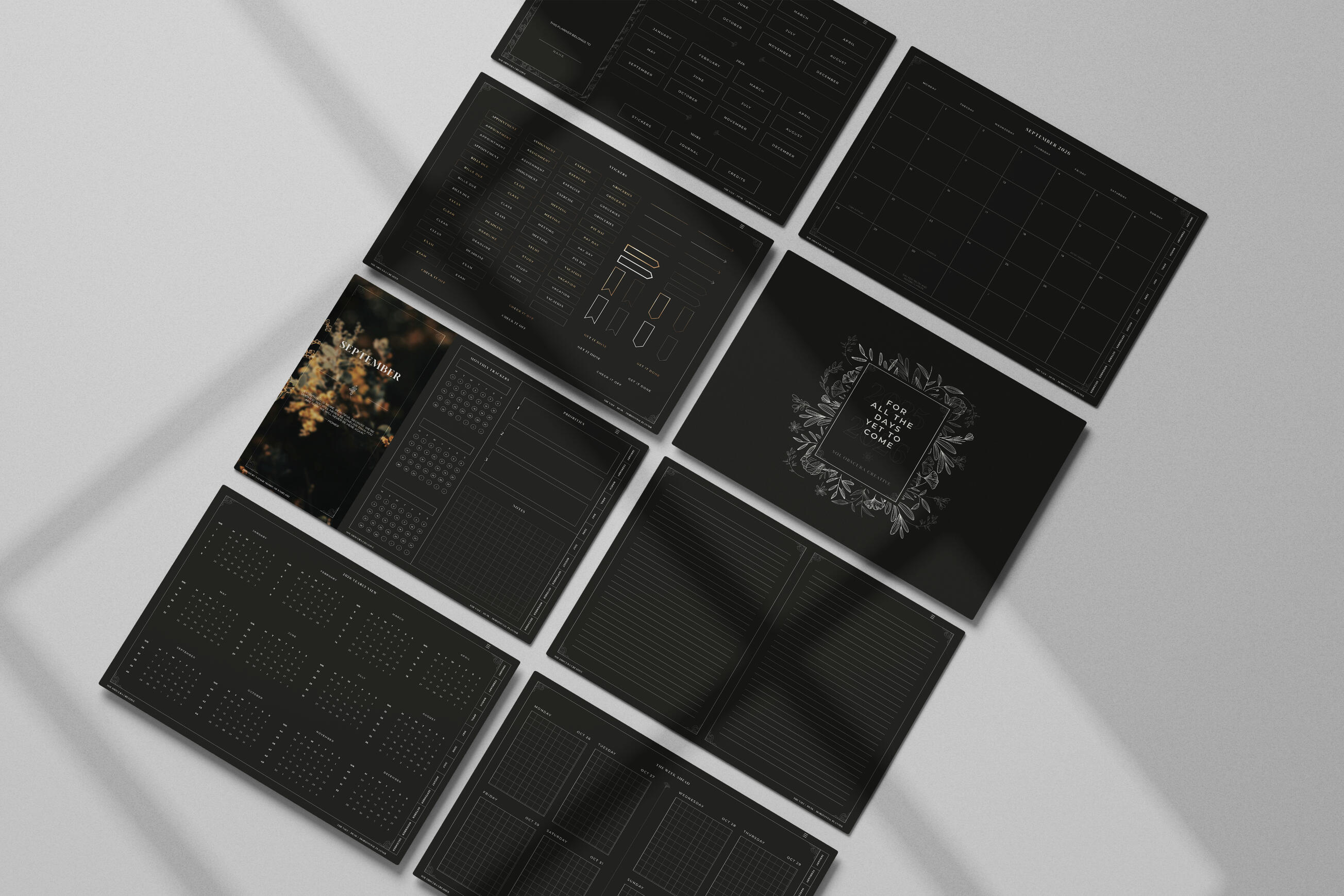 THE VALE - 2025 &amp; 2026 interactive digital planner design ; dark mode sample pages ; multiple layout options ; includes stickers &amp; journal pages ; sold on Etsy