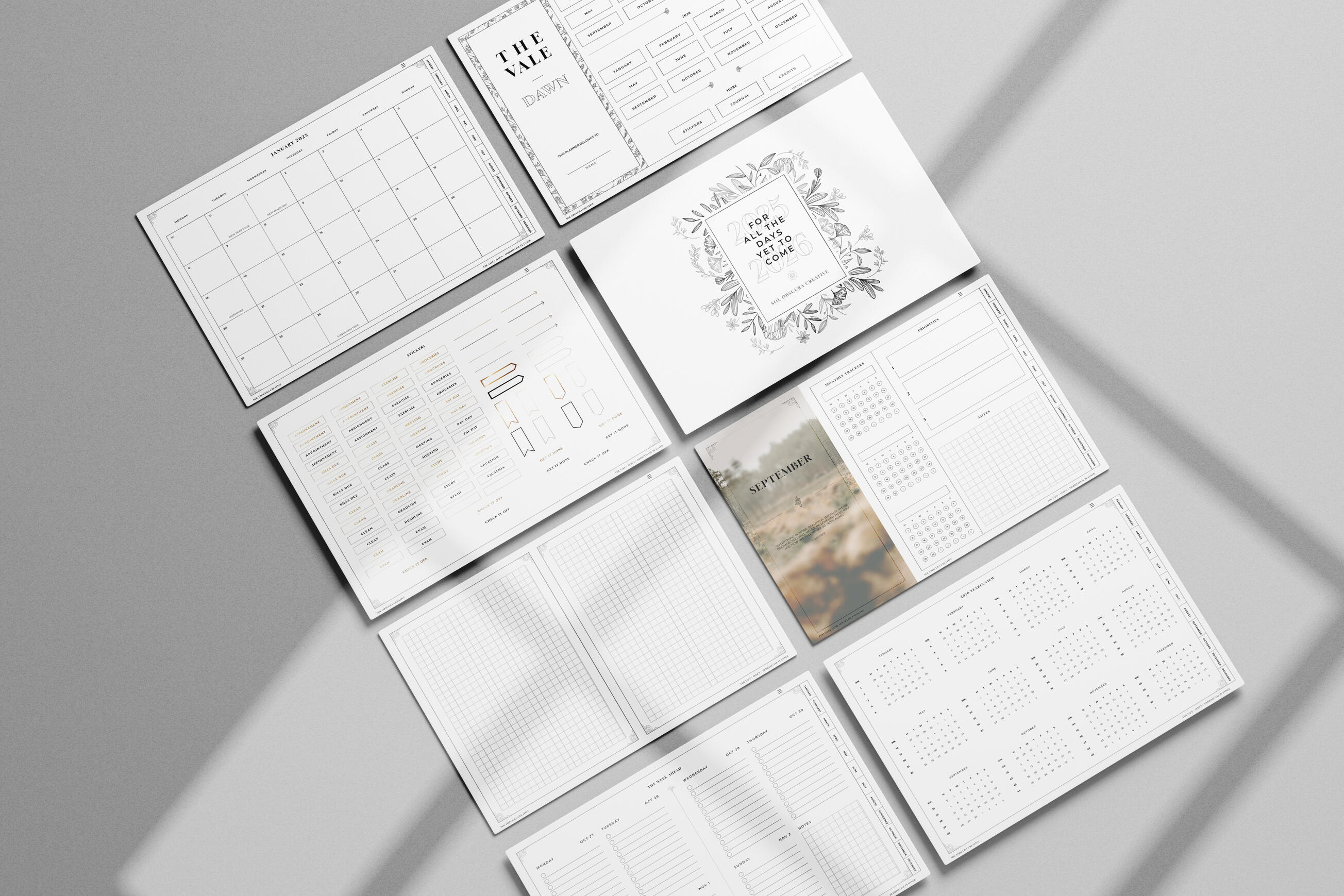 THE VALE - 2025 &amp; 2026 interactive digital planner design ; light mode sample pages ; multiple layout options ; includes stickers &amp; journal pages ; sold on Etsy